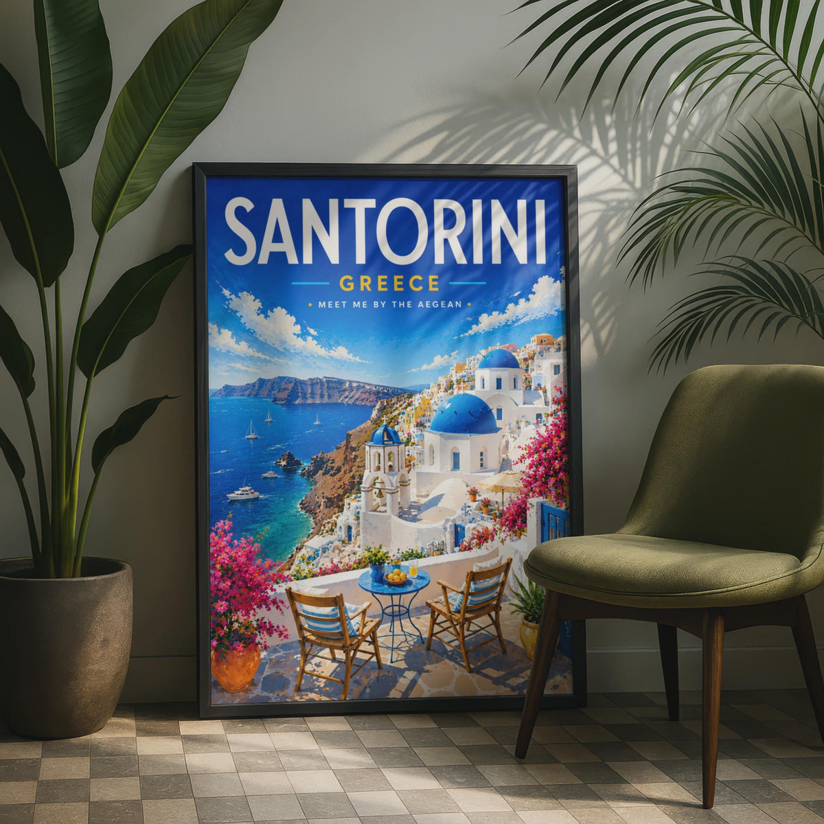 Santorini Greece Travel Poster, Blue Dome Church, Aegean Sea, Mediterranean Home Decor
