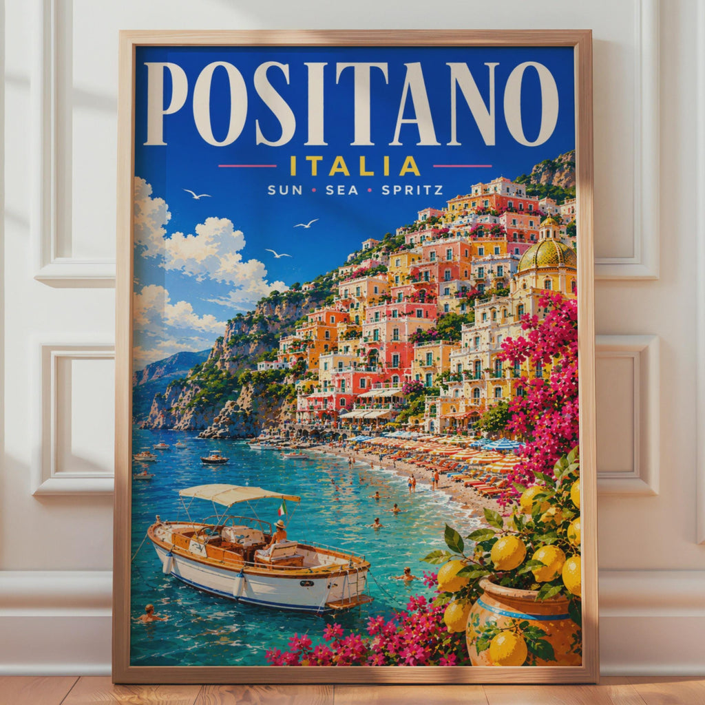 Positano Italy Travel Poster, Amalfi Coast Wall Art, Retro Italian Riviera Print