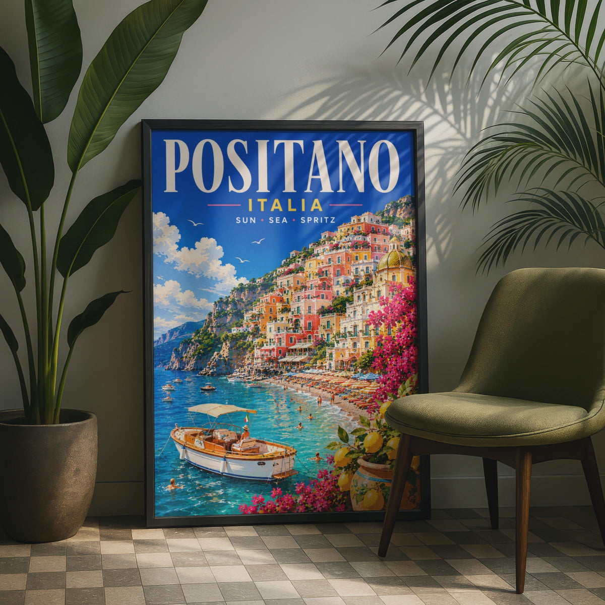 Positano Italy Travel Poster, Amalfi Coast Wall Art, Retro Italian Riviera Print