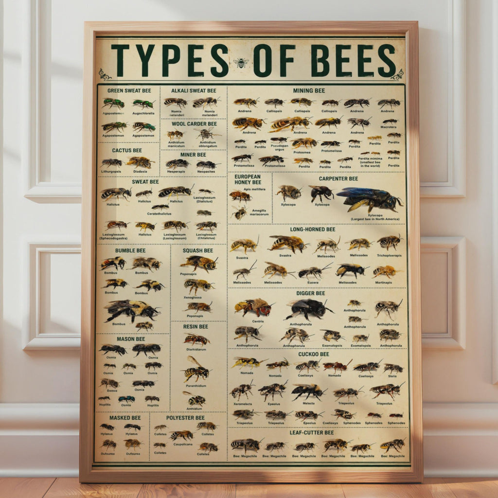 Bee Species Identification Chart Poster, Entomology Wall Art Print (Physical)