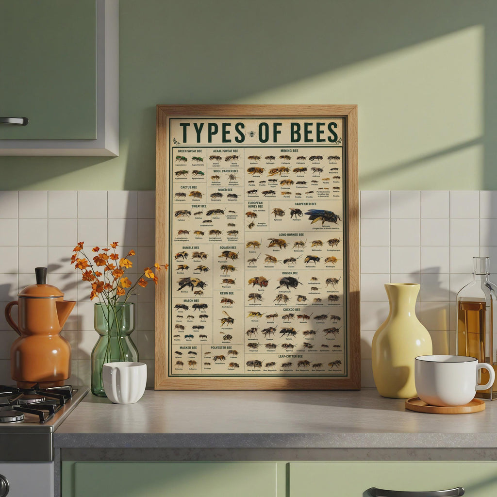 Bee Species Identification Chart Poster, Entomology Wall Art Print (Physical)