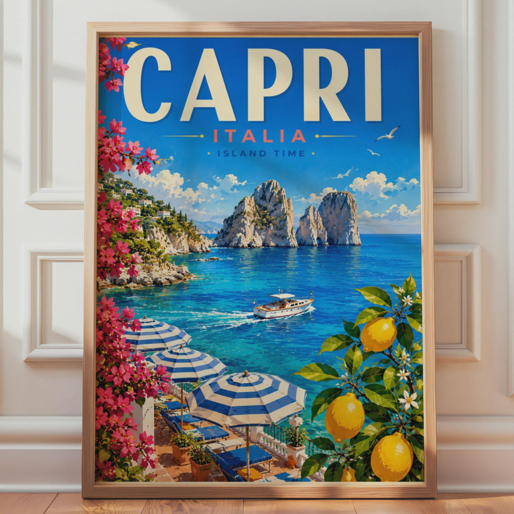 Capri Italy Travel Poster, Faraglioni Rocks, Mediterranean Amalfi Coast Decor