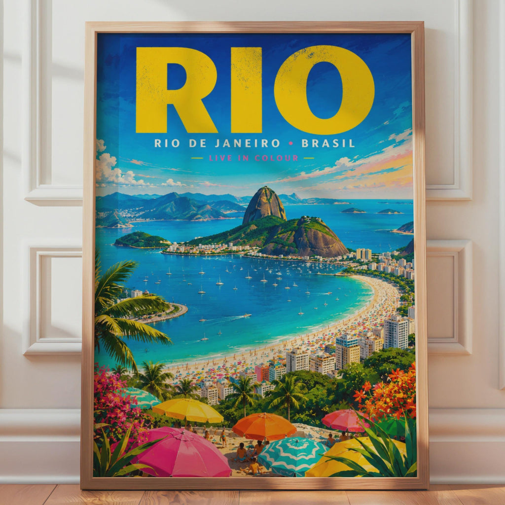Rio de Janeiro Travel Poster, Copacabana Beach, Sugar Loaf Mountain (A4 Print)