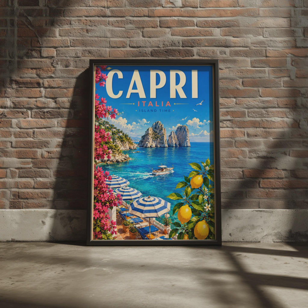 Capri Italy Travel Poster, Faraglioni Rocks, Mediterranean Amalfi Coast Decor