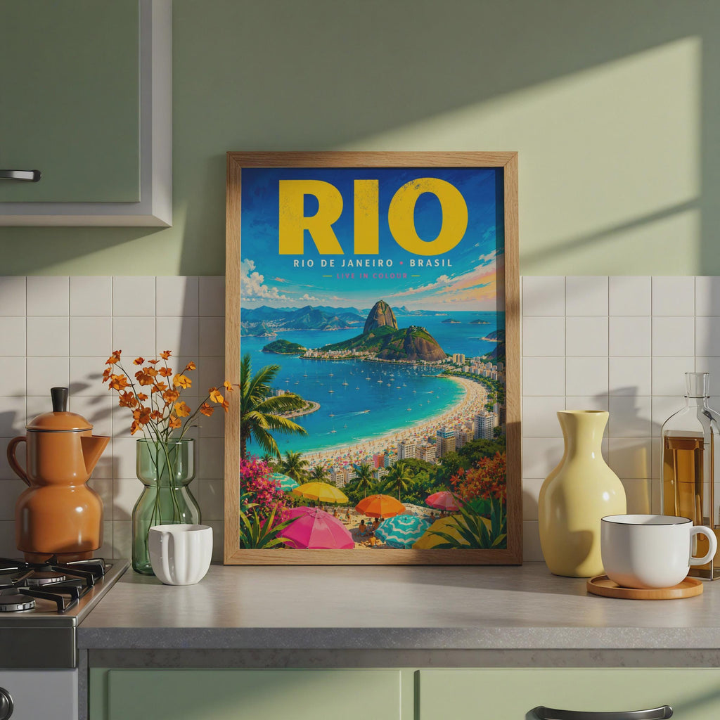 Rio de Janeiro Travel Poster, Copacabana Beach, Sugar Loaf Mountain (A4 Print)