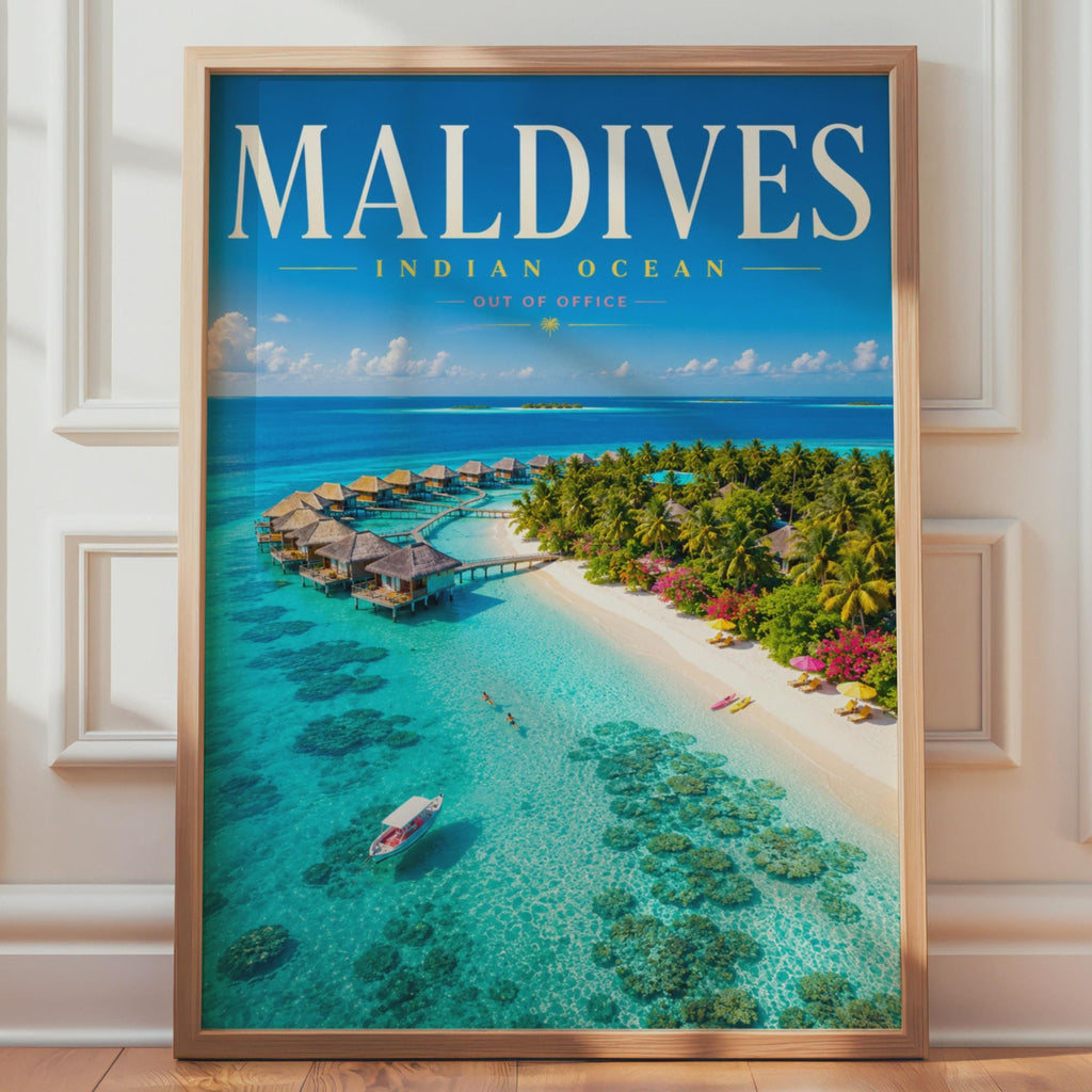 Maldives Travel Poster, Indian Ocean Tropical Island Print, Overwater Bungalow Decor