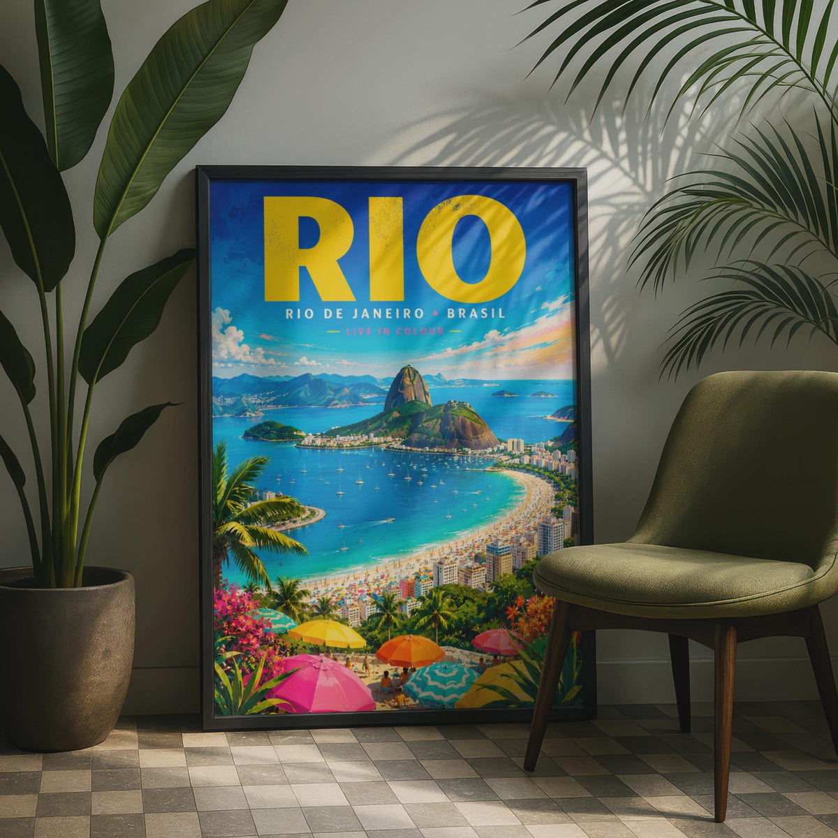Rio de Janeiro Travel Poster, Copacabana Beach, Sugar Loaf Mountain (A4 Print)