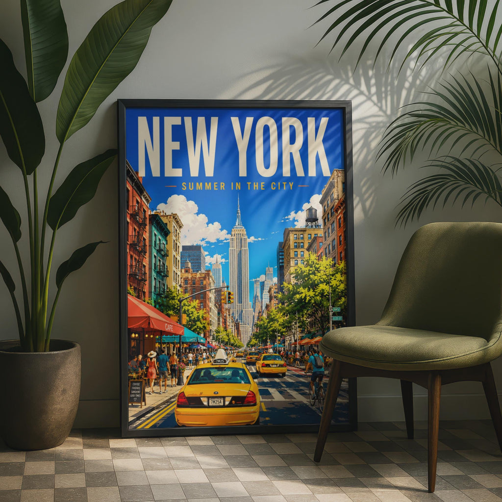 New York Summer City Poster, Yellow Taxis, Empire State Building (Print)