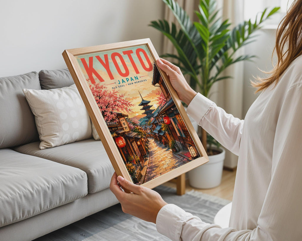 Kyoto Japan Travel Poster, Cherry Blossom Pagoda Street Art (Print)