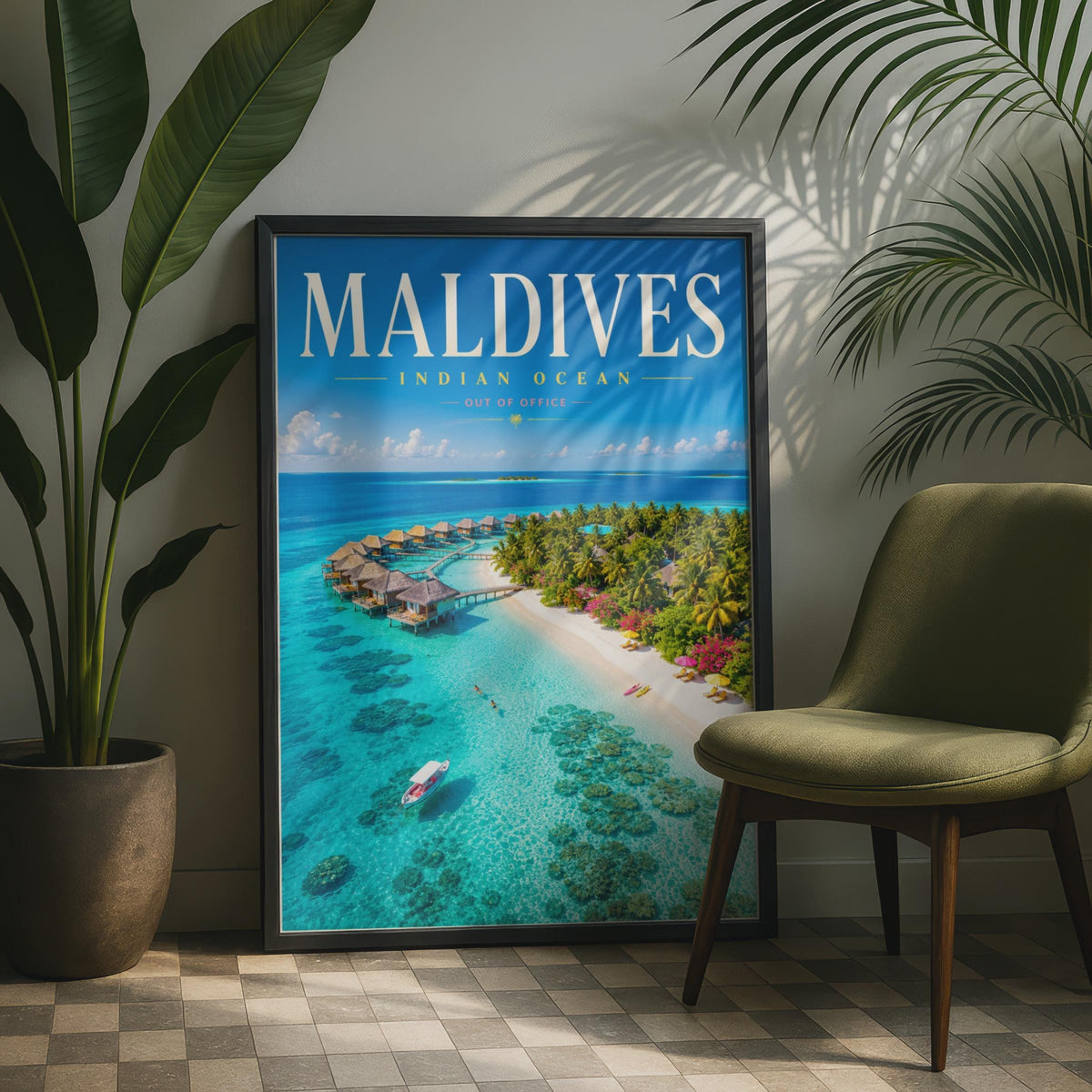 Maldives Travel Poster, Indian Ocean Tropical Island Print, Overwater Bungalow Decor