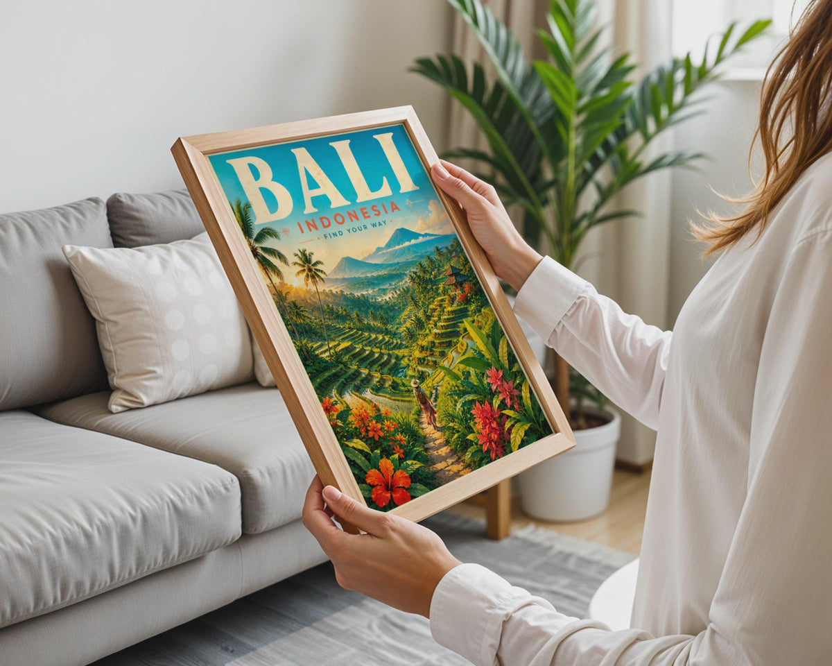 Bali Indonesia Travel Poster, Rice Terraces, Tropical Landscape Art (Print)