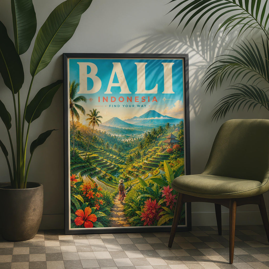Bali Indonesia Travel Poster, Rice Terraces, Tropical Landscape Art (Print)
