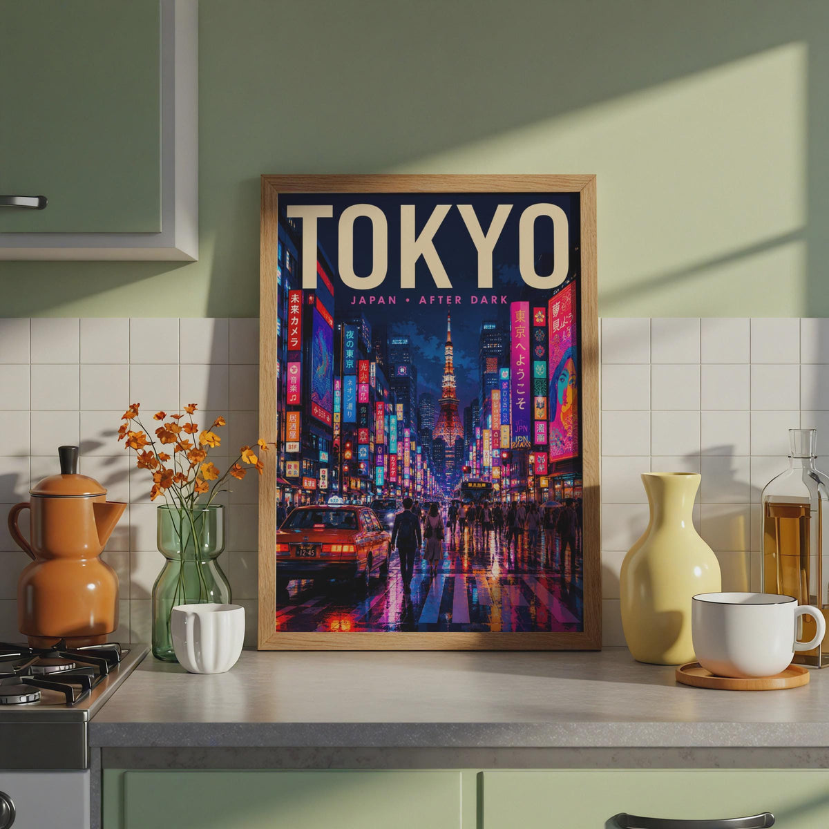 Tokyo Night Poster, Neon City, Tokyo Tower, Retro Travel Art (A4)