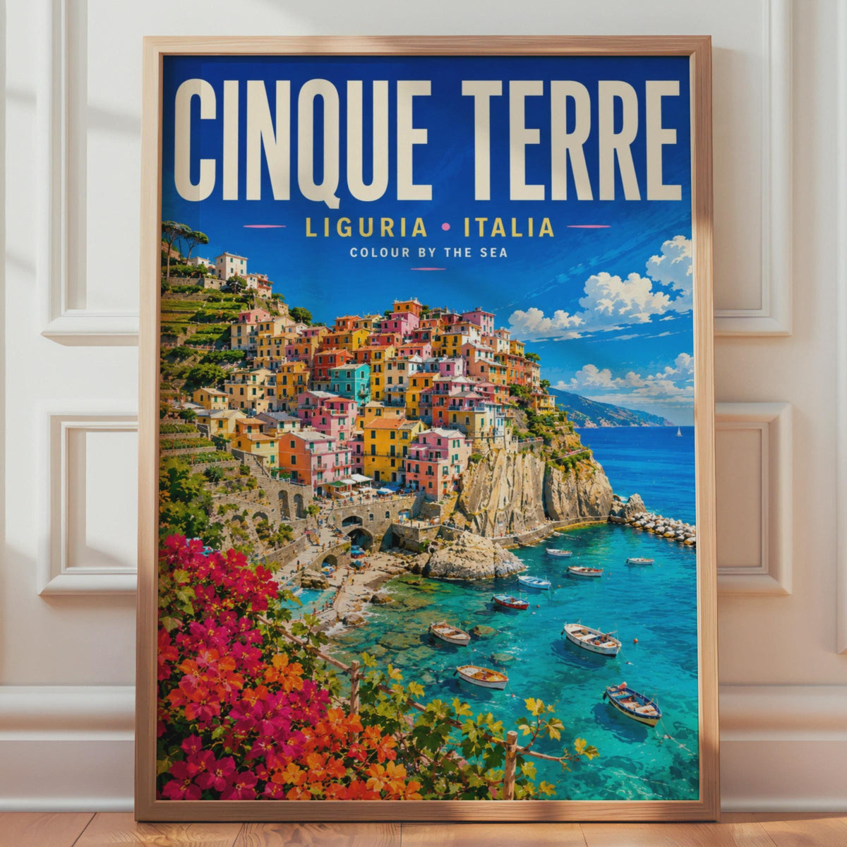 Cinque Terre Italy Travel Poster, Colorful Coastal Liguria Wall Art (Print)