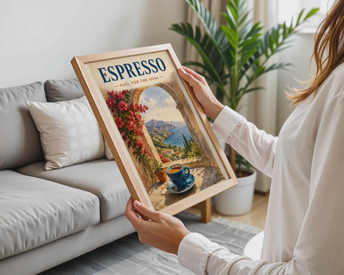 Espresso Fuel For The Soul Poster, Italian Coast Wall Art, Mediterranean Kitchen Decor