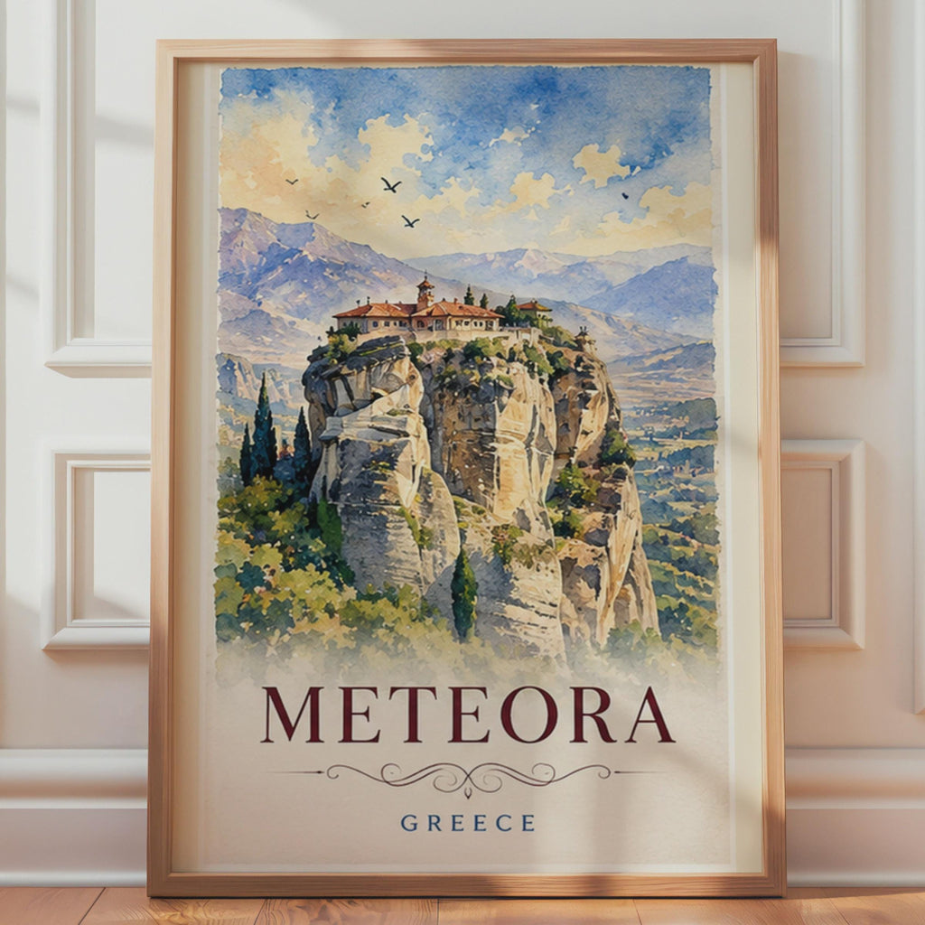 Meteora Greece Watercolour Print, Monastery Cliffs, Thessaly Travel Art Print