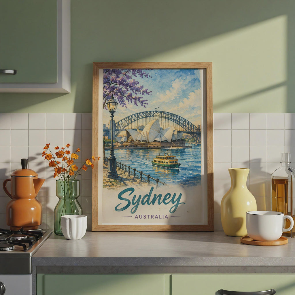 Sydney Watercolour Poster, Opera House Harbour Bridge, Vintage Travel Art Print