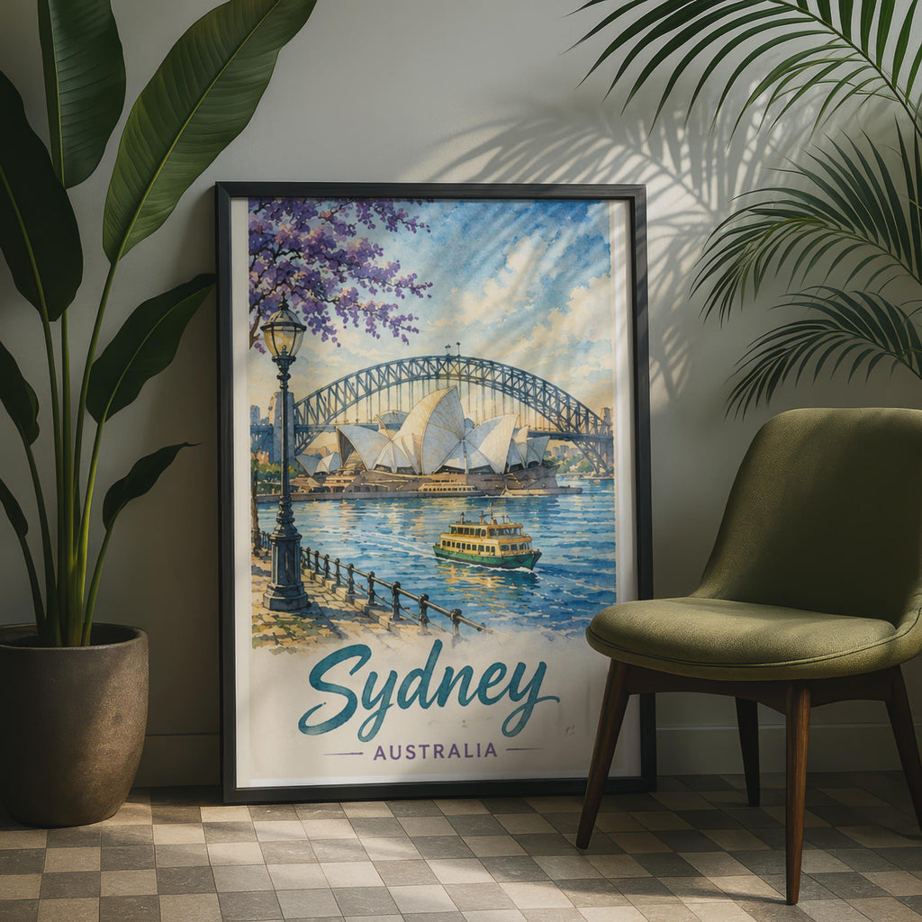 Sydney Watercolour Poster, Opera House Harbour Bridge, Vintage Travel Art Print