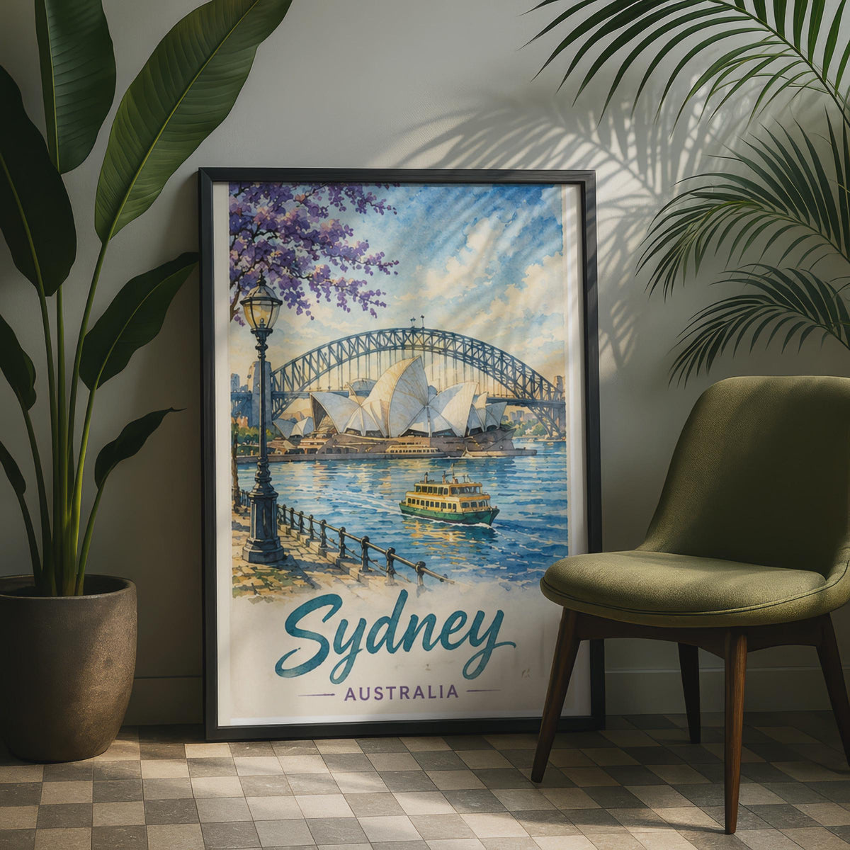 Sydney Watercolour Poster, Opera House Harbour Bridge, Vintage Travel Art Print