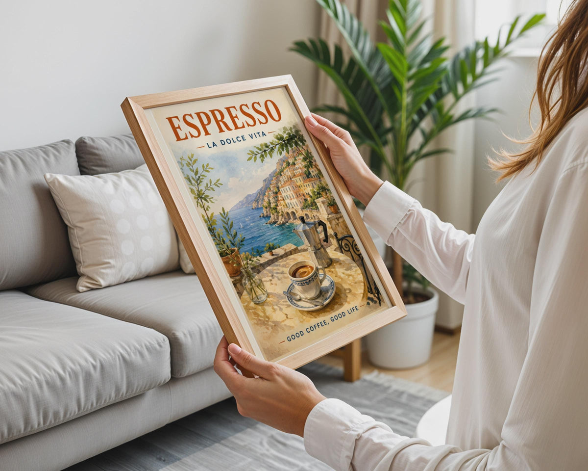Espresso La Dolce Vita Amalfi Coast Poster, Italian Coffee Art Print