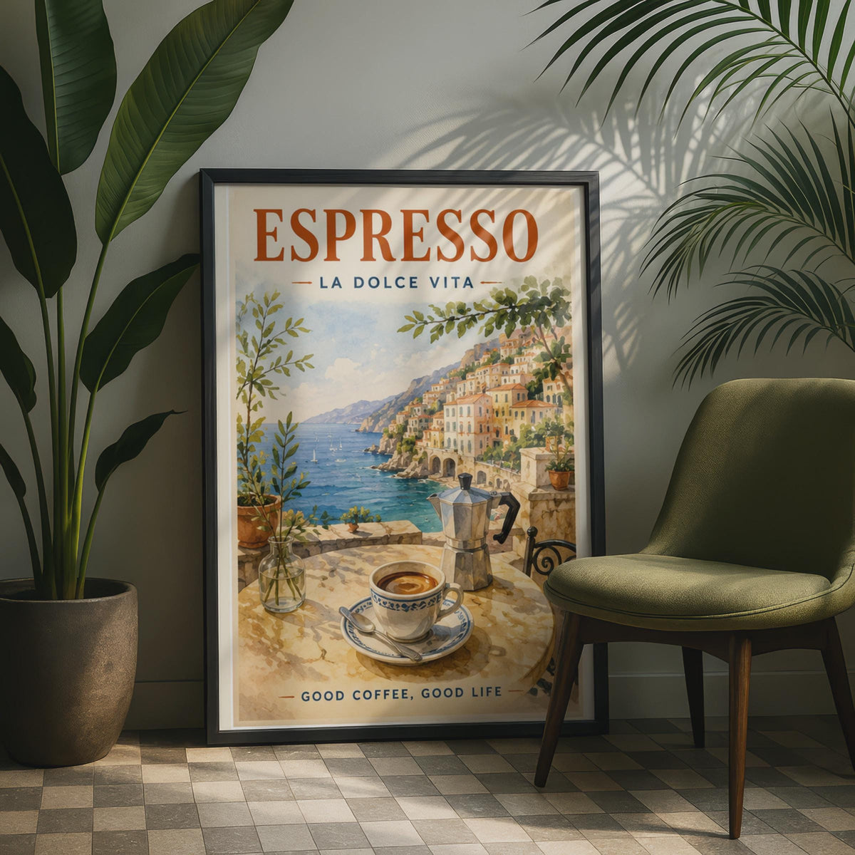 Espresso La Dolce Vita Amalfi Coast Poster, Italian Coffee Art Print