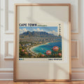 Cape Town Travel Poster, Table Mountain, Protea Flowers, Japanese Typography (Print)