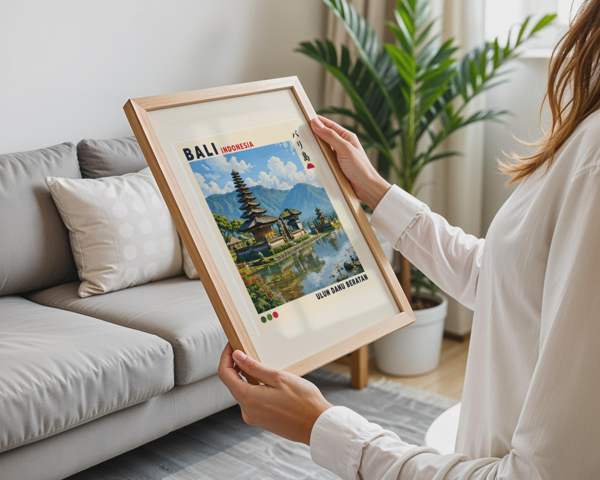 Bali Indonesia Travel Poster, Ulun Danu Beratan Temple Wall Art (Print)