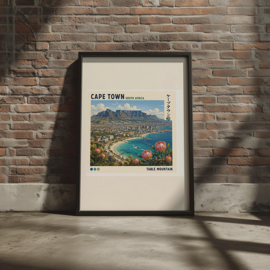 Cape Town Travel Poster, Table Mountain, Protea Flowers, Japanese Typography (Print)