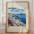 Santorini Greece Travel Poster, Oia Blue Dome Church, Mediterranean Sea (Print)