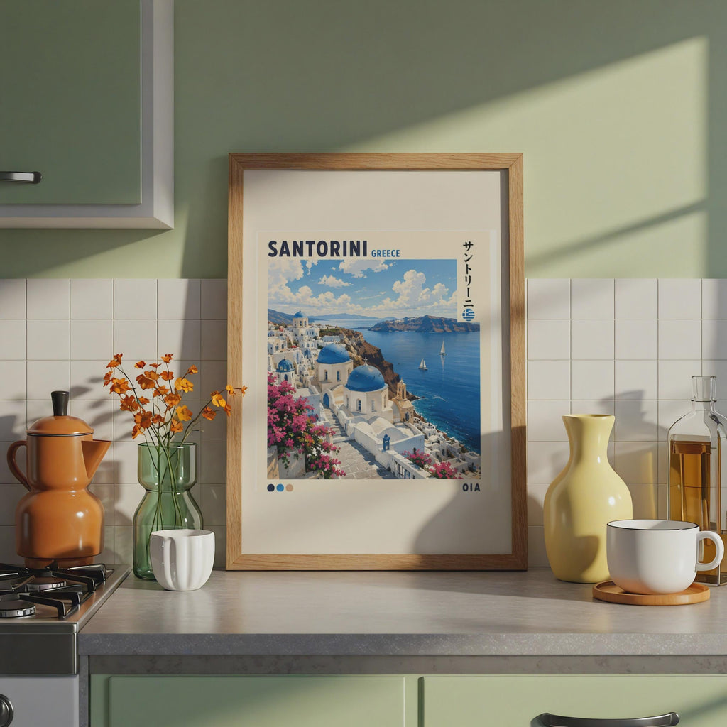 Santorini Greece Travel Poster, Oia Blue Dome Church, Mediterranean Sea (Print)