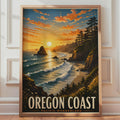 Oregon Coast Sunset Poster, Pacific Wonderland Travel Art, Rocky Cliffs, Pine Trees (Print)