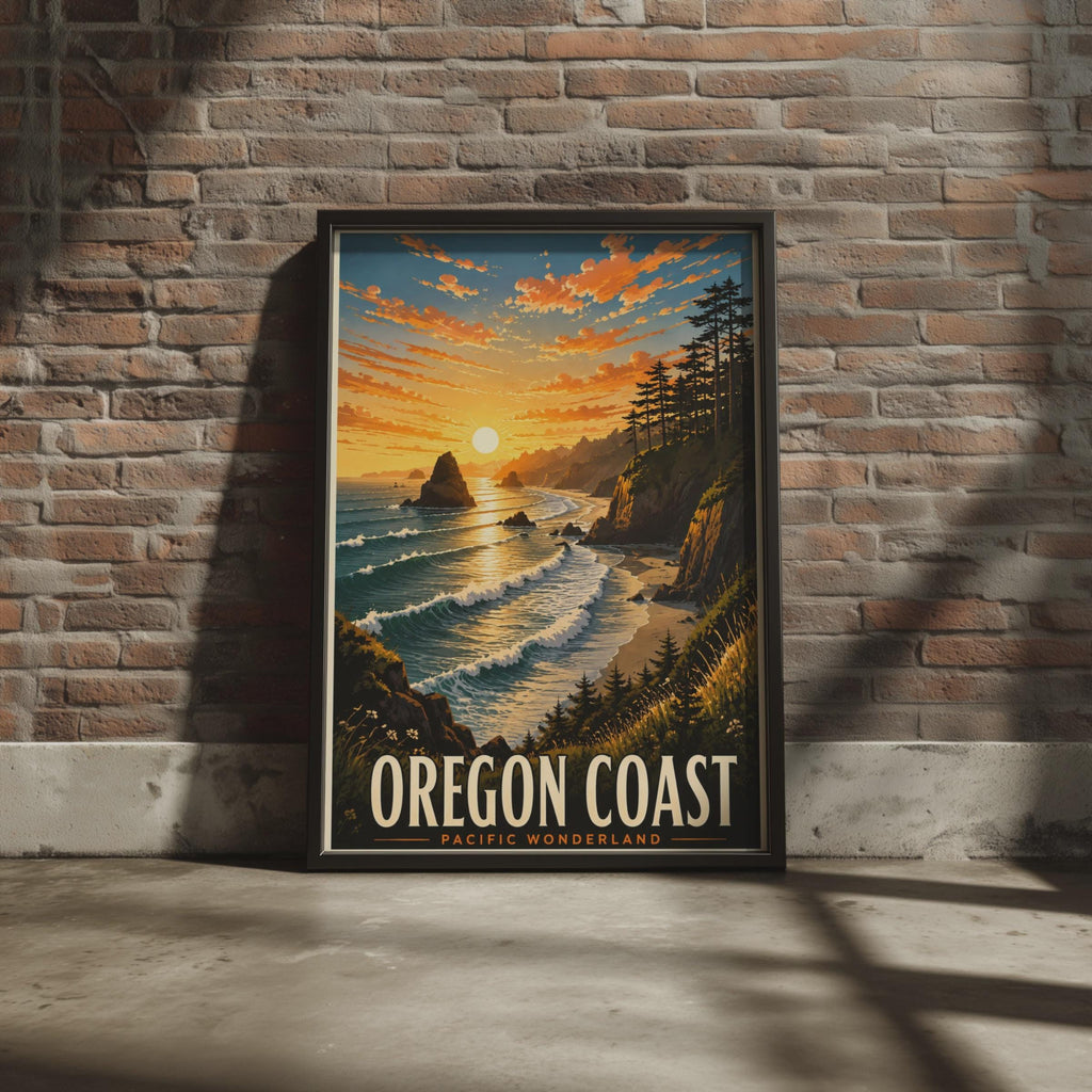 Oregon Coast Sunset Poster, Pacific Wonderland Travel Art, Rocky Cliffs, Pine Trees (Print)