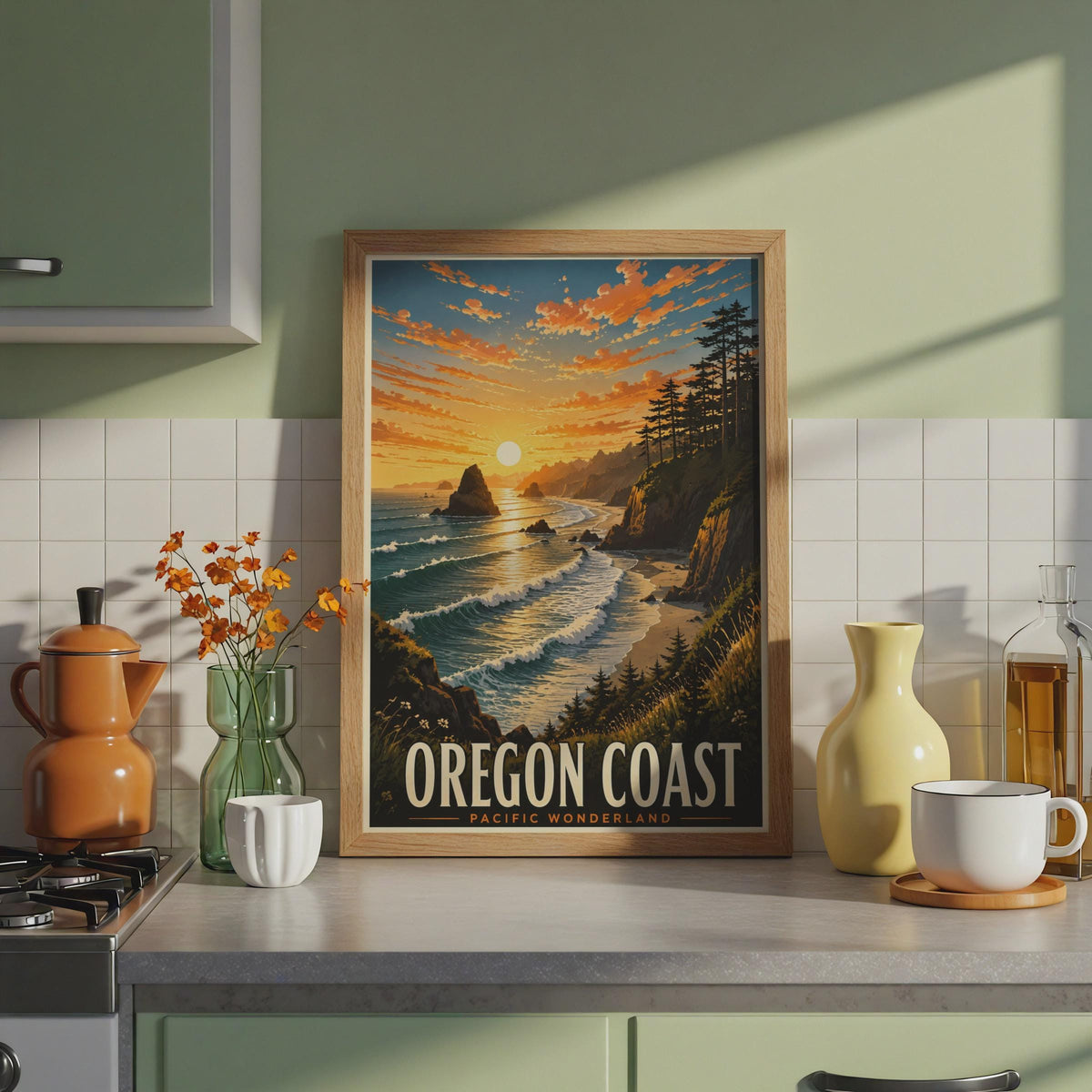 Oregon Coast Sunset Poster, Pacific Wonderland Travel Art, Rocky Cliffs, Pine Trees (Print)