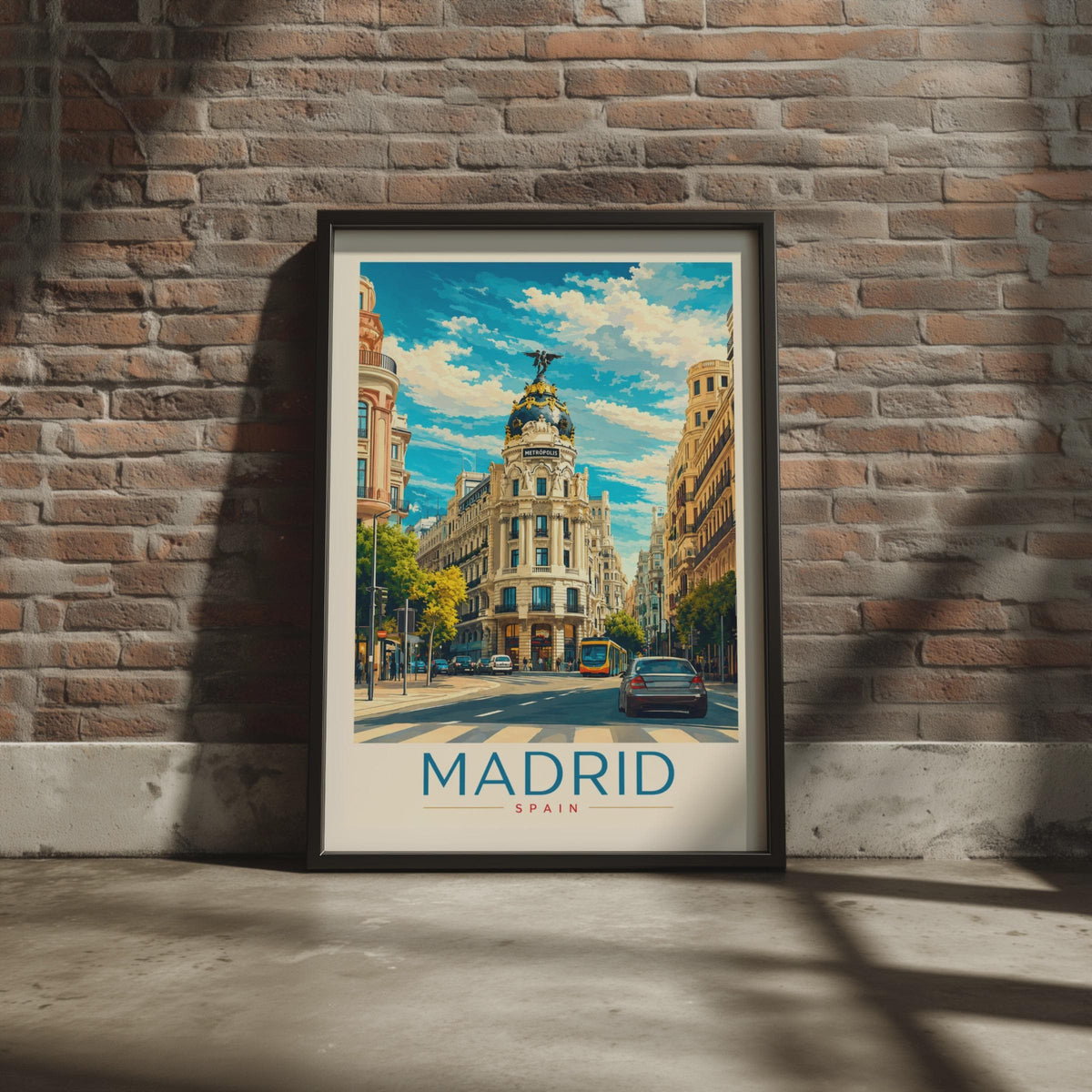 Madrid Travel Poster, Metropolis Building, Gran Via Street Scene (Print)
