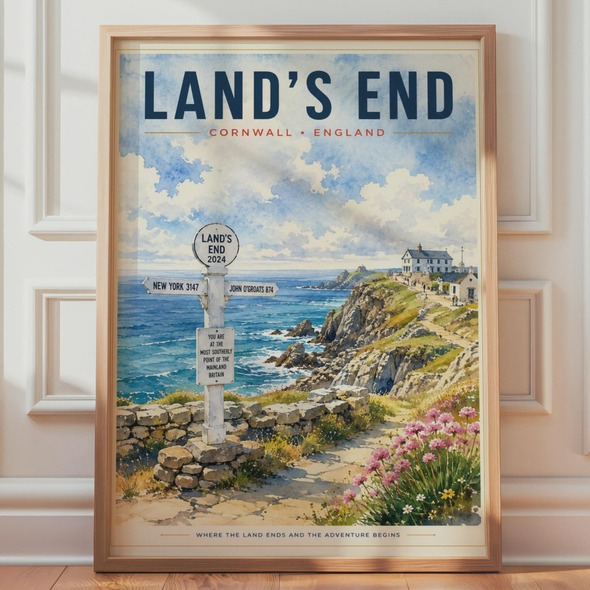Land's End Cornwall Watercolour Poster, Coastal Cliffside Signpost Art Print