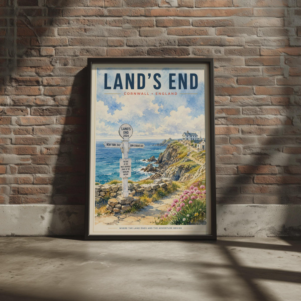 Land's End Cornwall Watercolour Poster, Coastal Cliffside Signpost Art Print