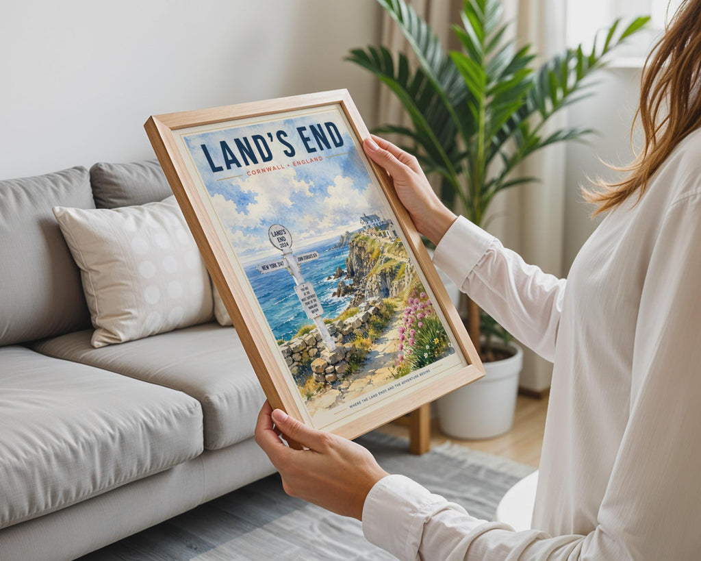 Land's End Cornwall Watercolour Poster, Coastal Cliffside Signpost Art Print