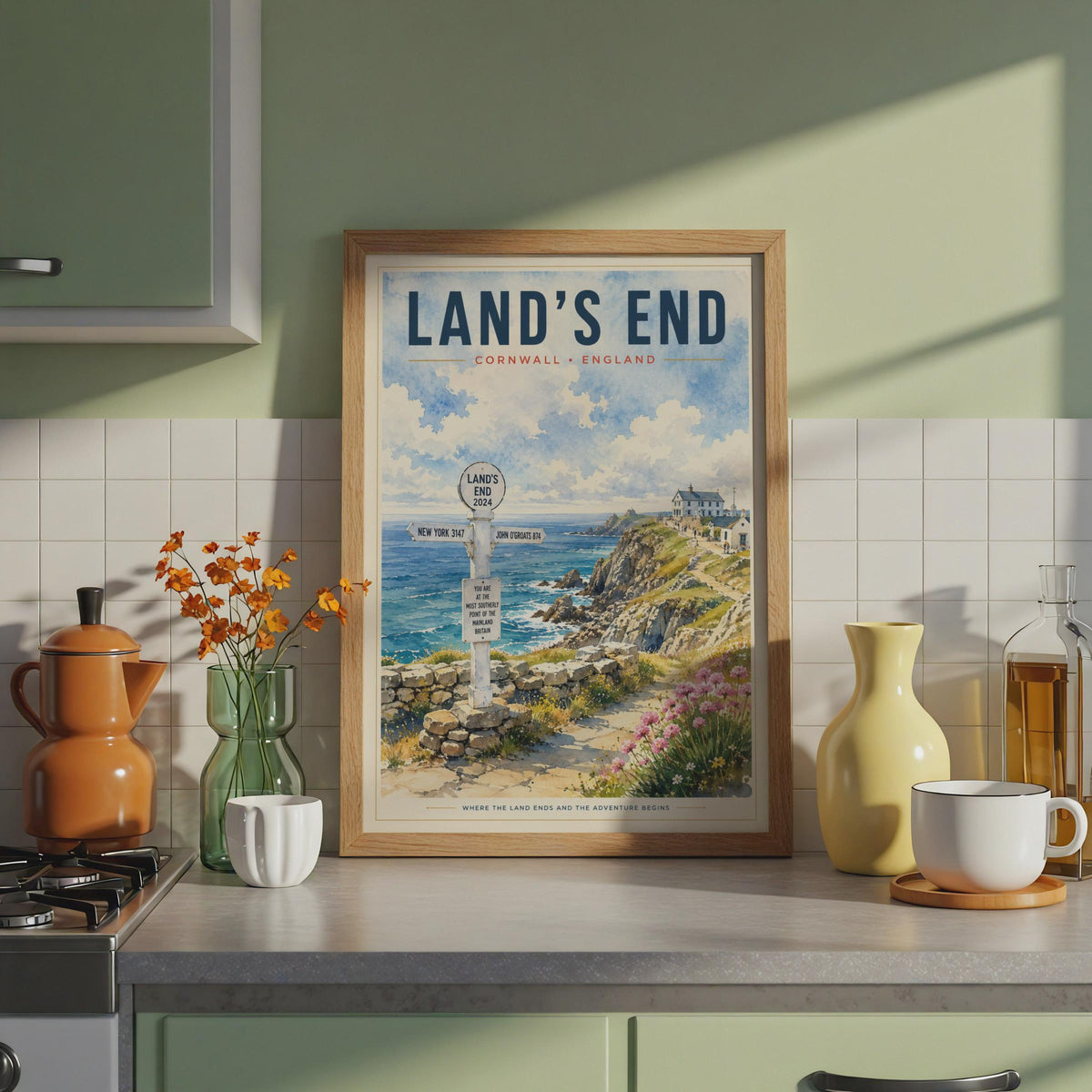 Land's End Cornwall Watercolour Poster, Coastal Cliffside Signpost Art Print