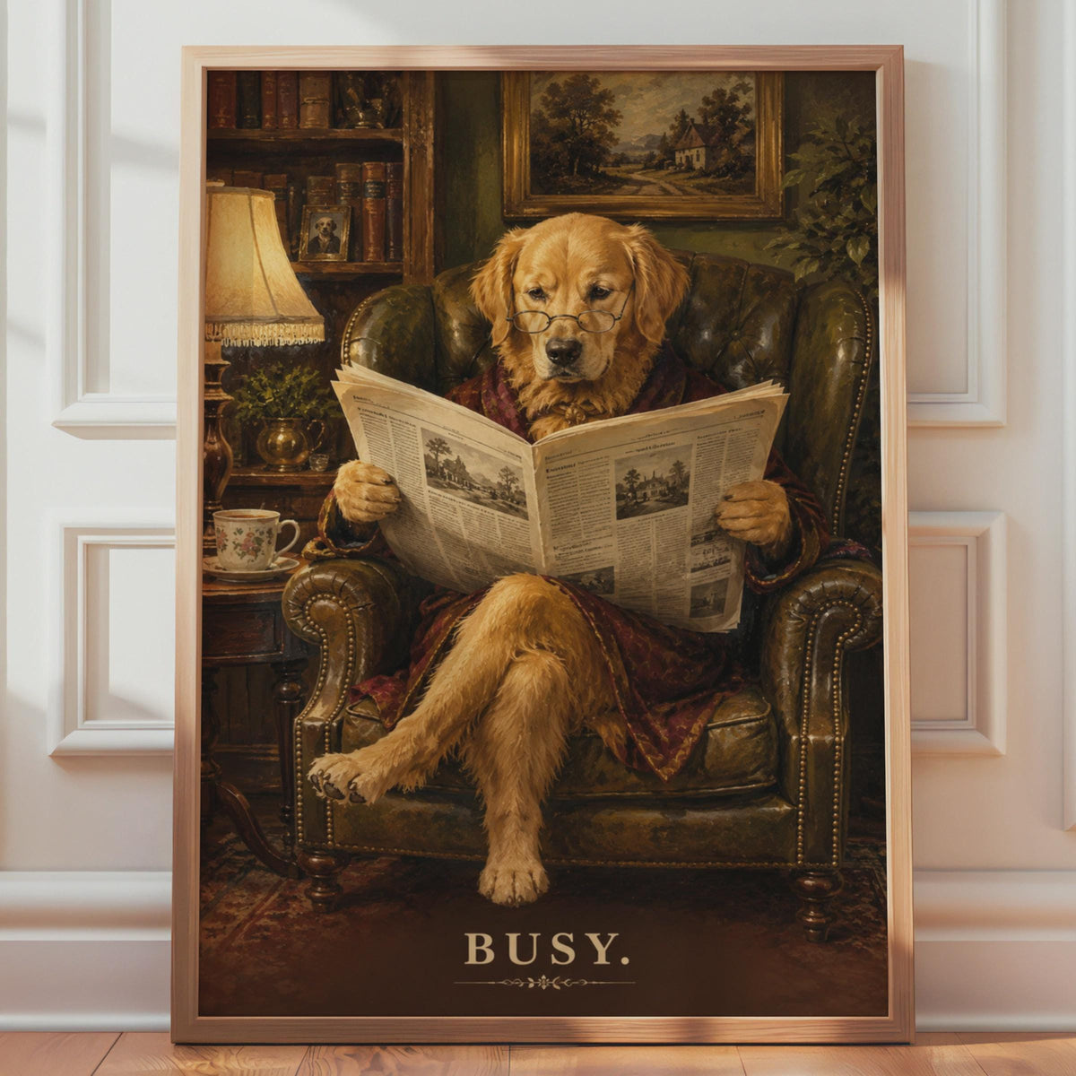 Golden Retriever Reading Newspaper Poster, Dapper Dog Art Print