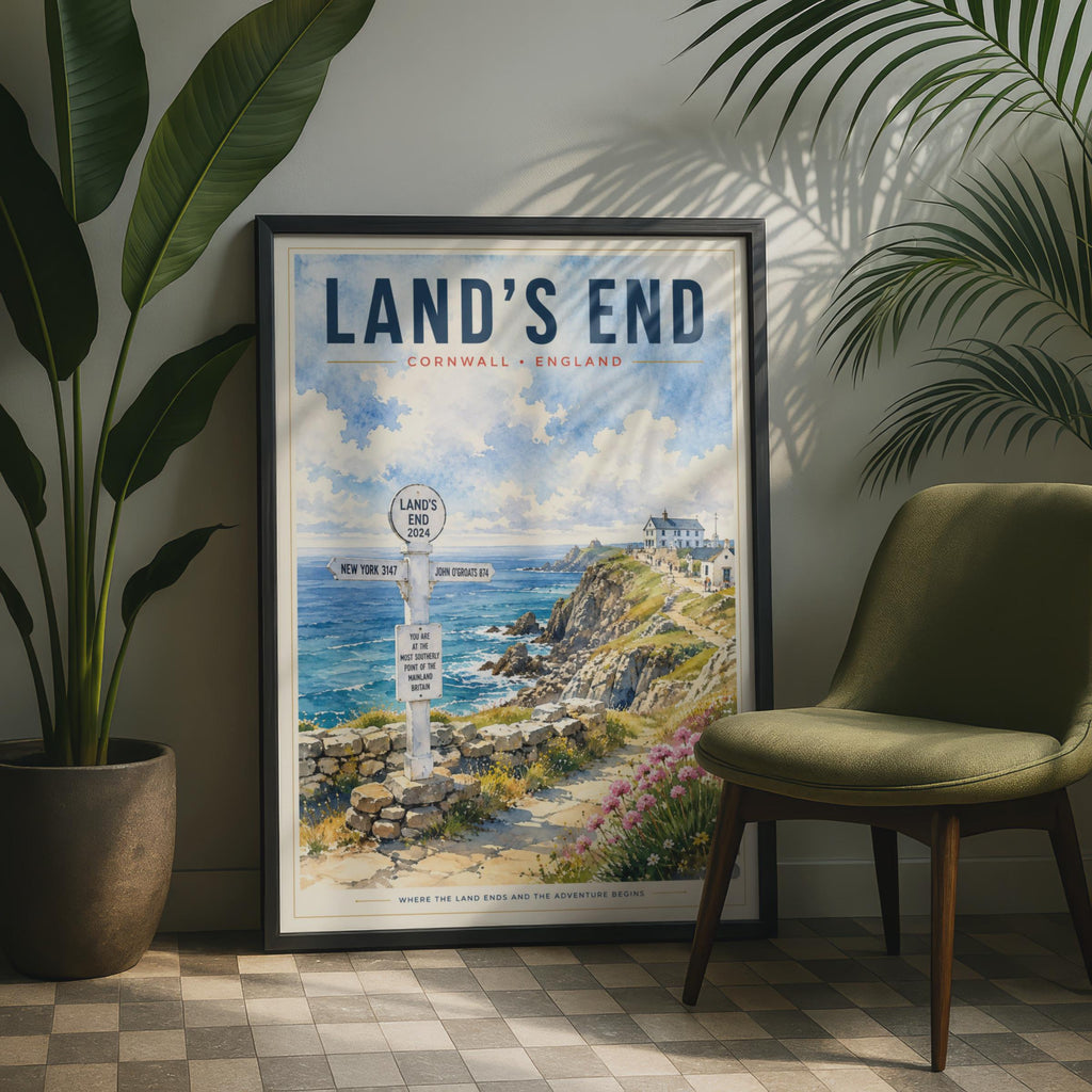 Land's End Cornwall Watercolour Poster, Coastal Cliffside Signpost Art Print