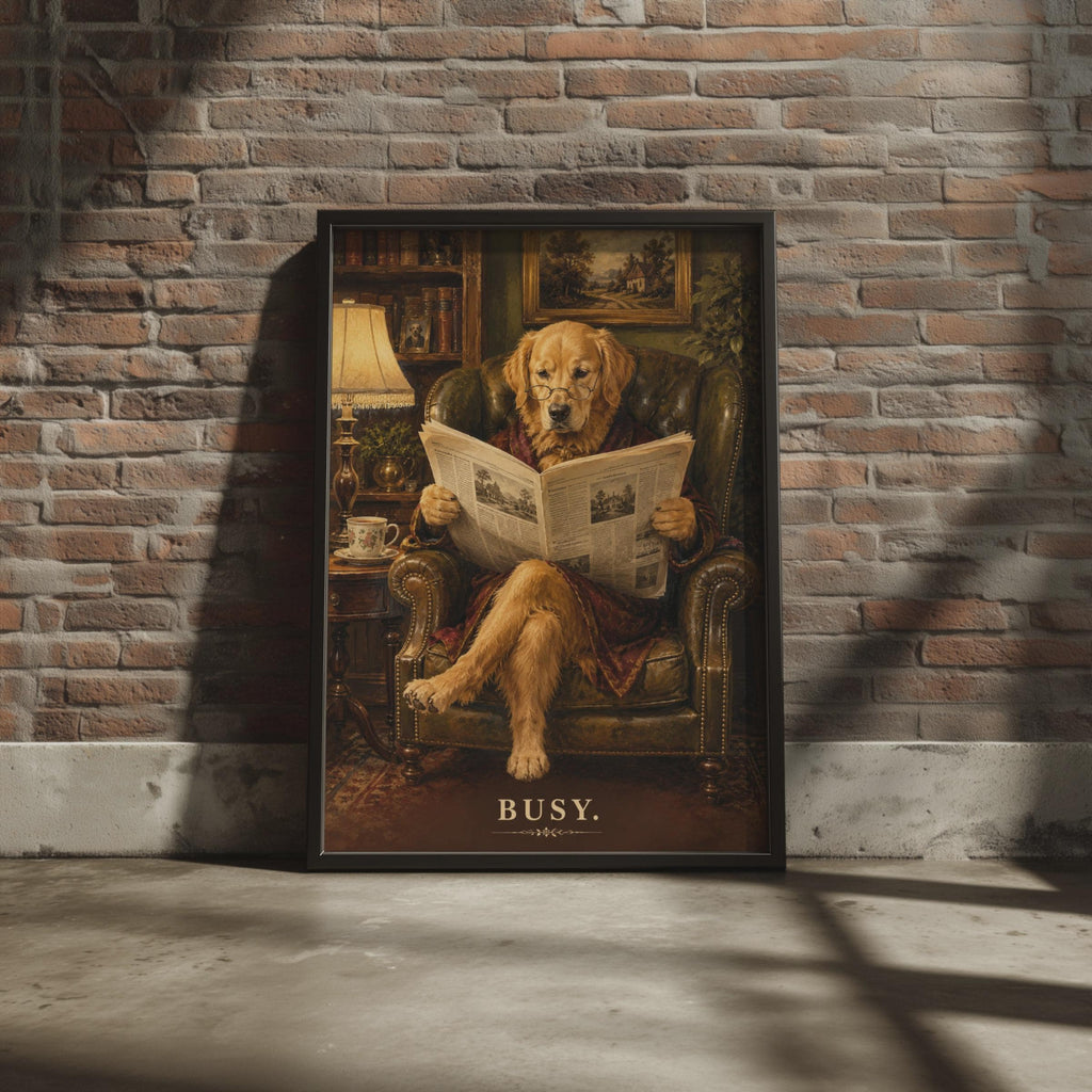 Golden Retriever Reading Newspaper Poster, Dapper Dog Art Print