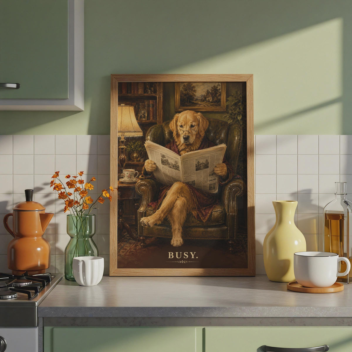 Golden Retriever Reading Newspaper Poster, Dapper Dog Art Print