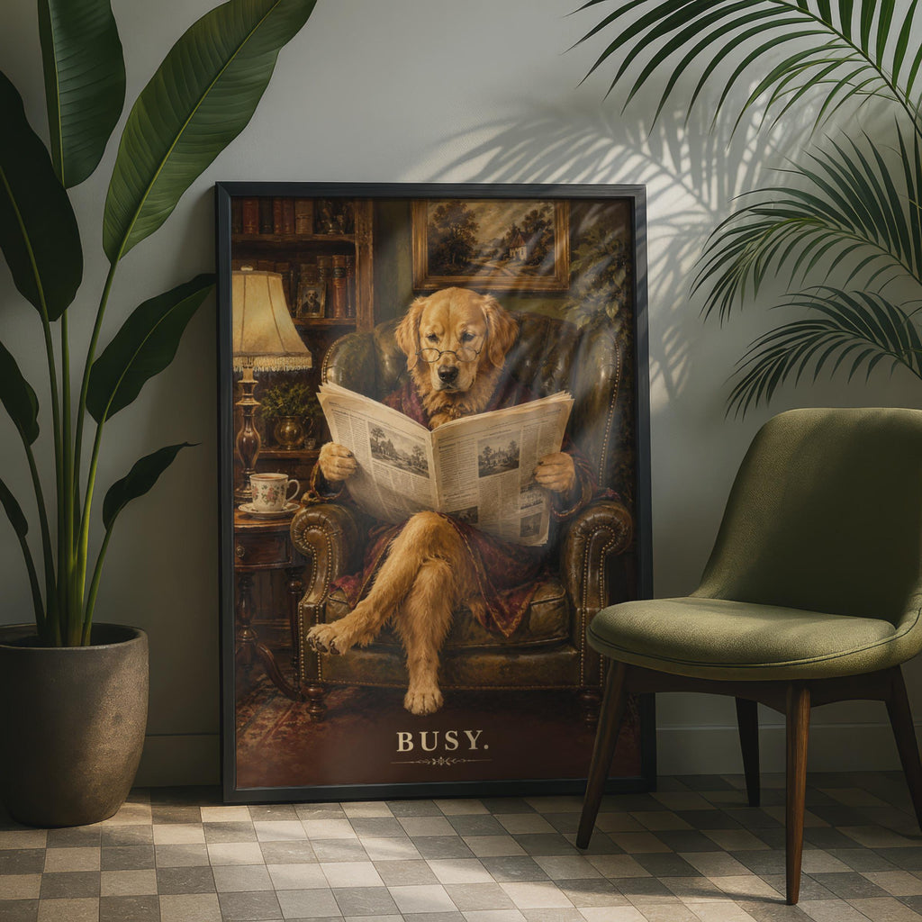Golden Retriever Reading Newspaper Poster, Dapper Dog Art Print