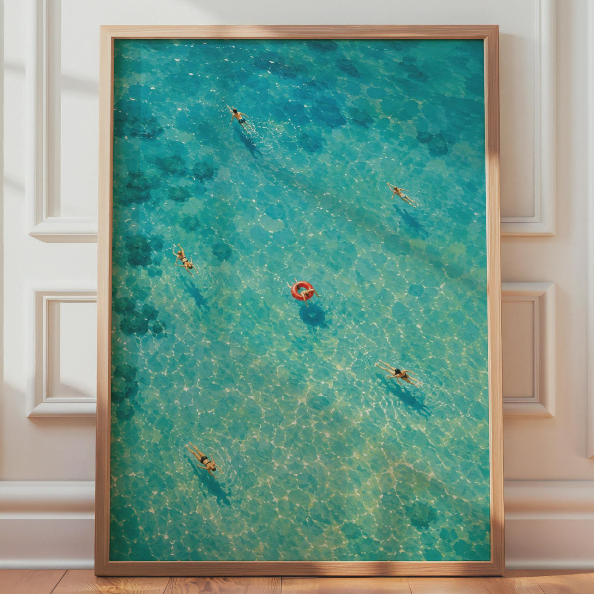 Aerial Turquoise Sea Swimmers Poster, Coastal Wall Art, Summer Beach Print