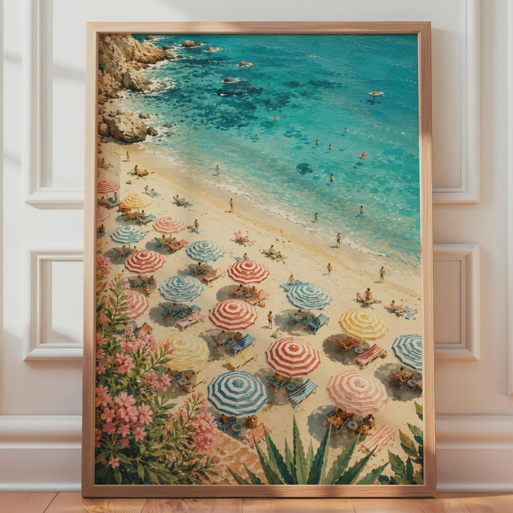 Mediterranean Beach Parasols Print, Aerial Coastal Wall Art, Turquoise Ocean Poster