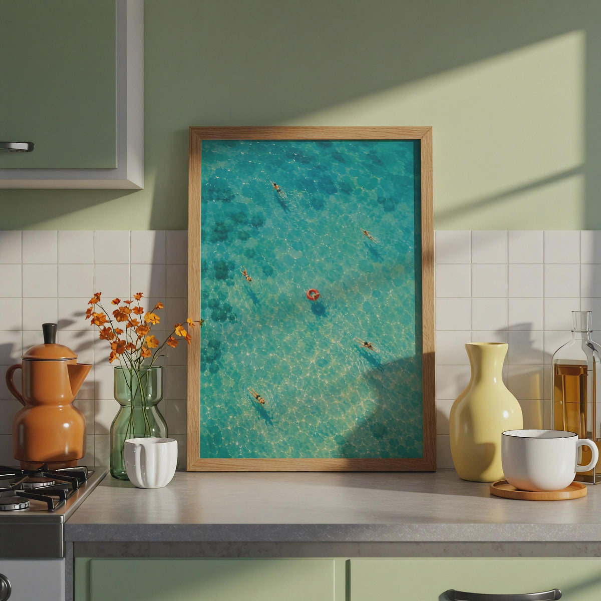 Aerial Turquoise Sea Swimmers Poster, Coastal Wall Art, Summer Beach Print