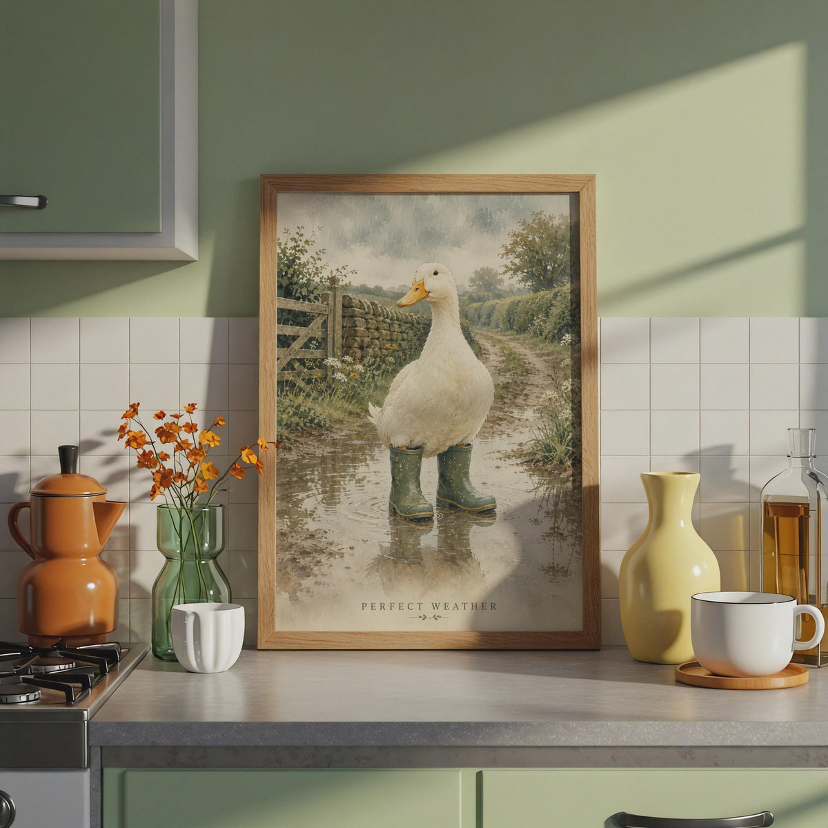 Watercolour Duck in Wellies Poster, British Countryside Scene, Rainy Day Farmhouse Decor