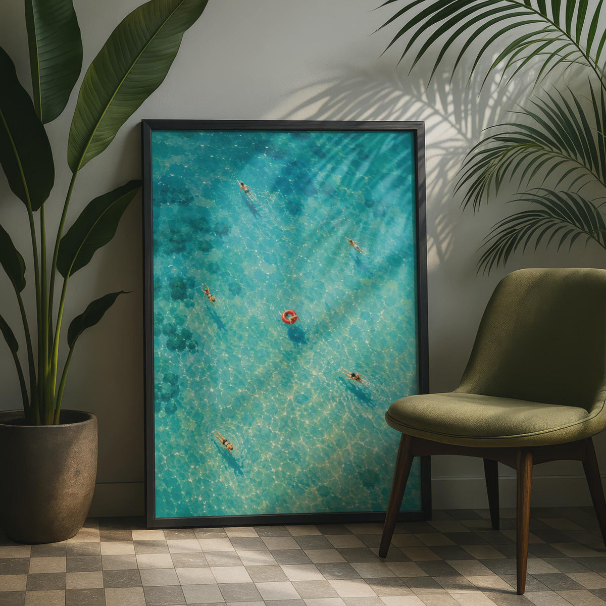 Aerial Turquoise Sea Swimmers Poster, Coastal Wall Art, Summer Beach Print