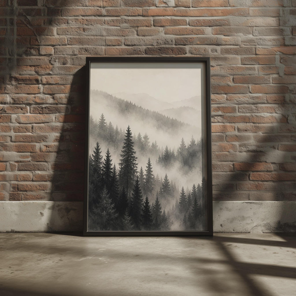 Misty Pine Forest Poster, Monochrome Mountain Wall Art, Watercolor Style Print