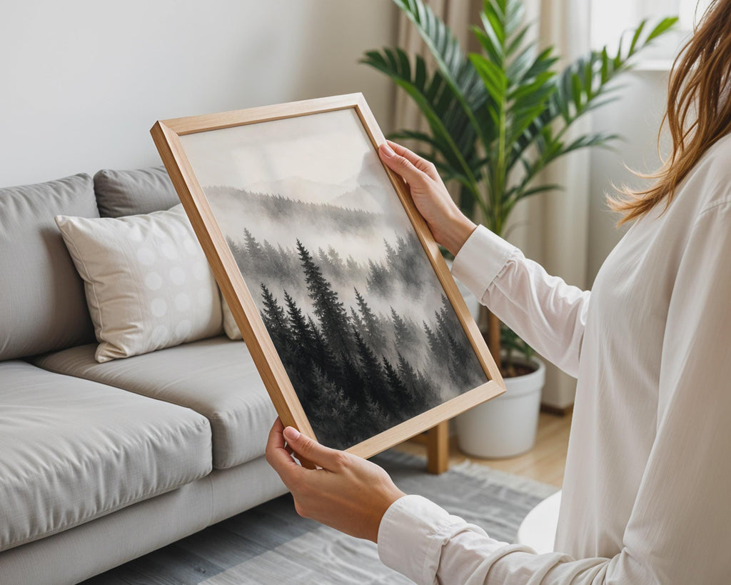 Misty Pine Forest Poster, Monochrome Mountain Wall Art, Watercolor Style Print